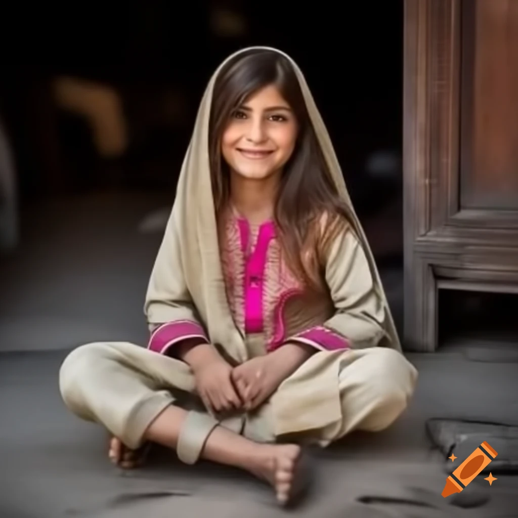 Pakistani girl in traditional dress sitting cross-legged and smiling