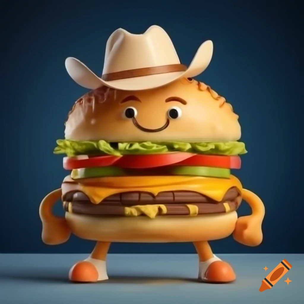 Cheerful burger character in cowboy hat and blue jeans