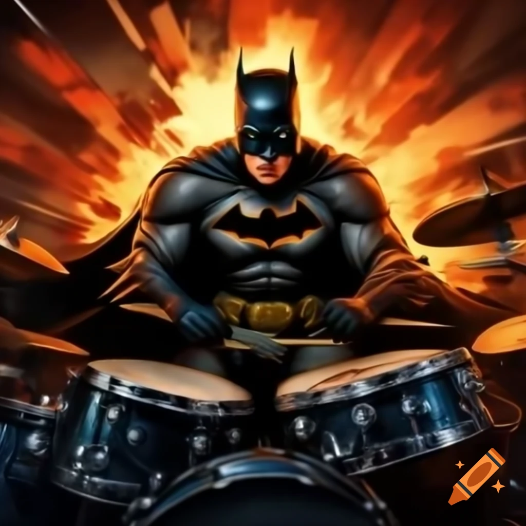 Batman playing drums in front of an explosion