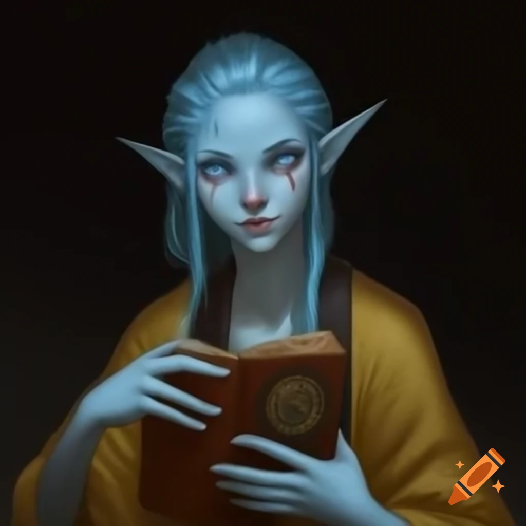 Woman with pale blue skin and hair, wearing mustard robe and holding quarterstaff