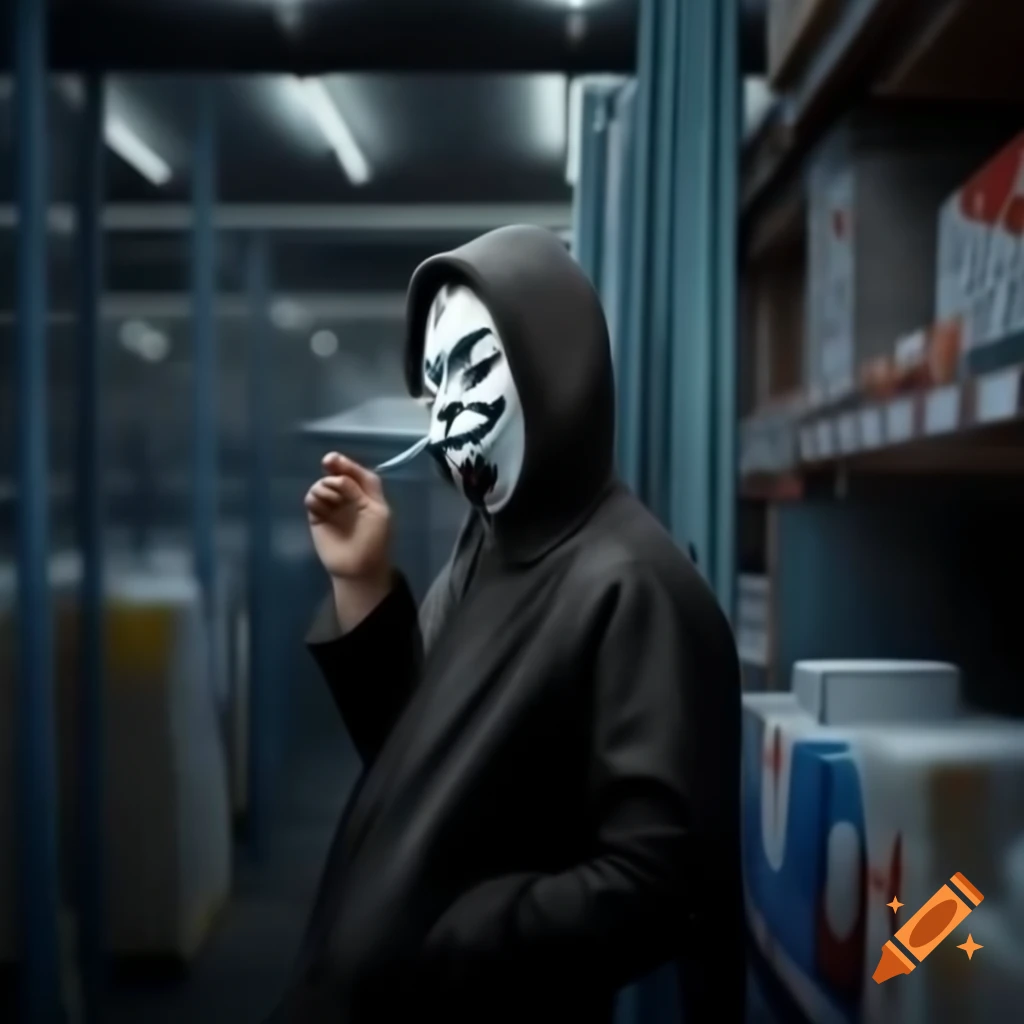 Anonymous mask in a USPS warehouse while smoking