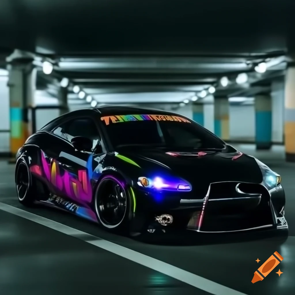 Customized black Mitsubishi Eclipse 2012 with graffiti decals in underground parking lot