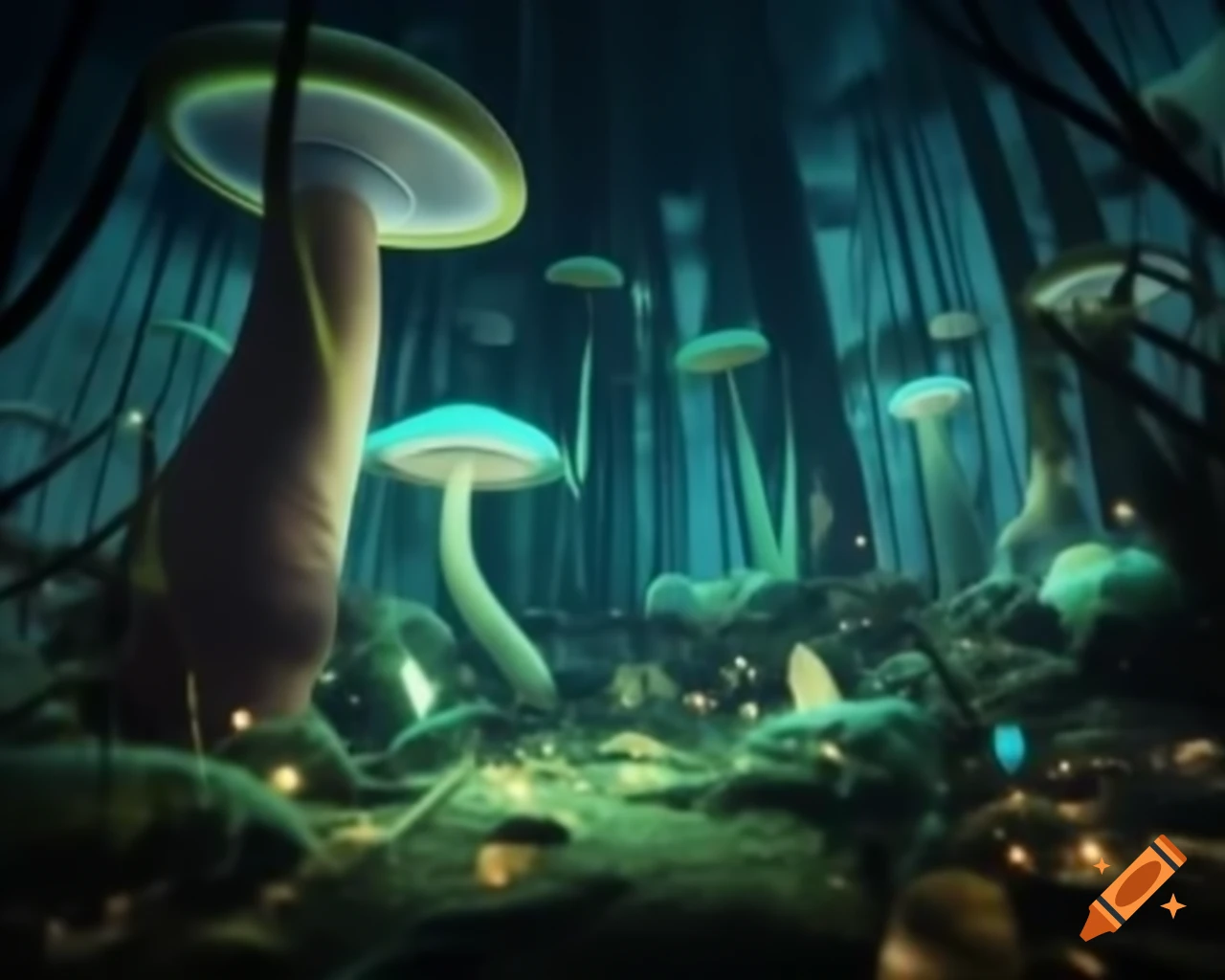 Surreal biopunk forest with glowing trees merging nature and technology