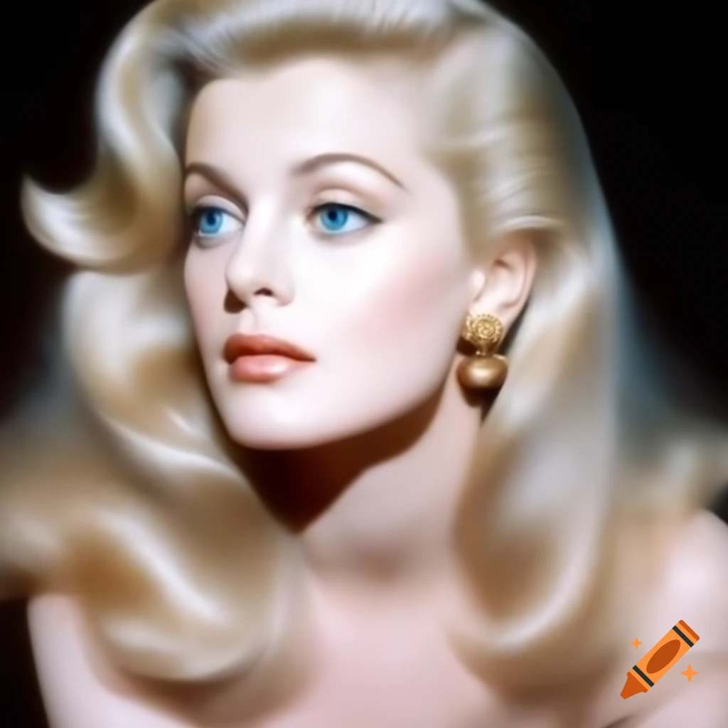 Hyper-realistic color photograph of a charming European actress from 1963 with porcelain skin and blue eyes