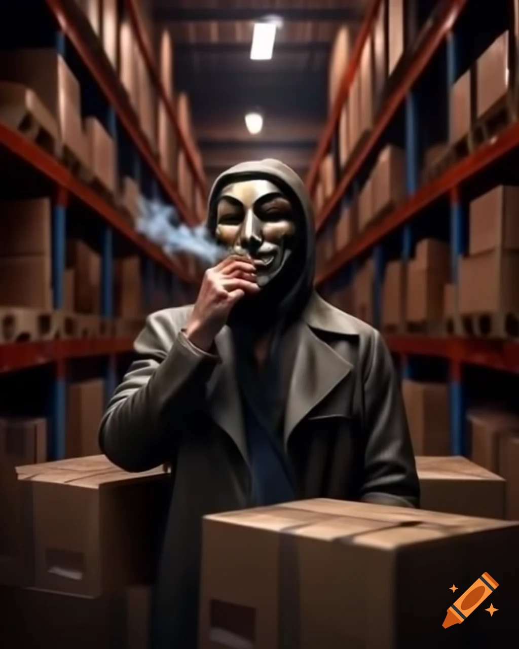 Anonymous mask smoking in a warehouse filled with boxes