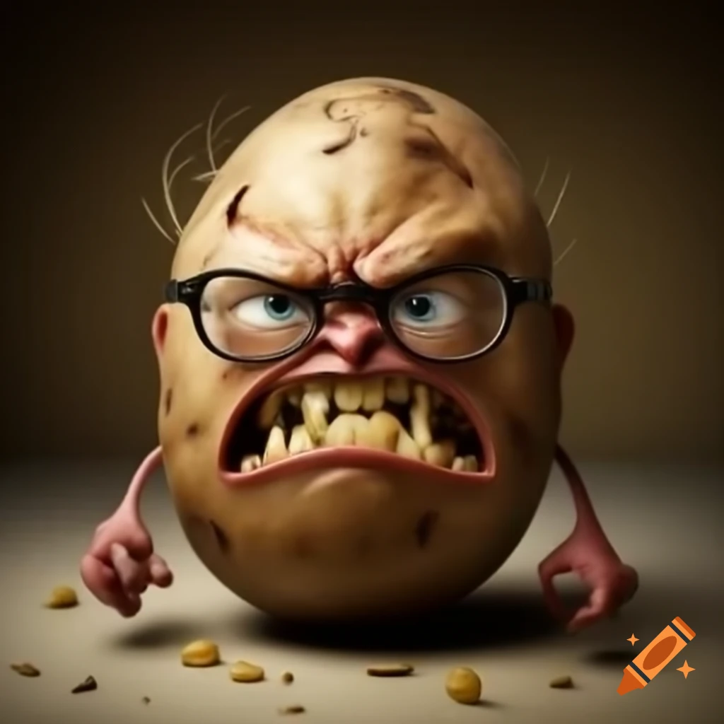 Realistic angry potato with yellow broken teeth and glasses