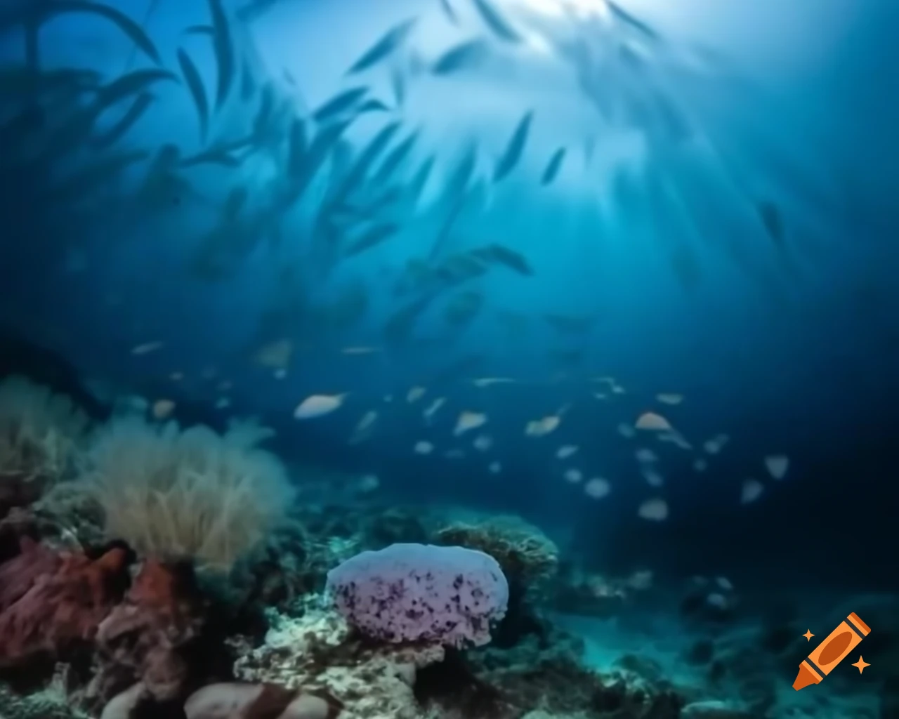 Mystical ocean mountain lake with clear waters and colorful fish among coral