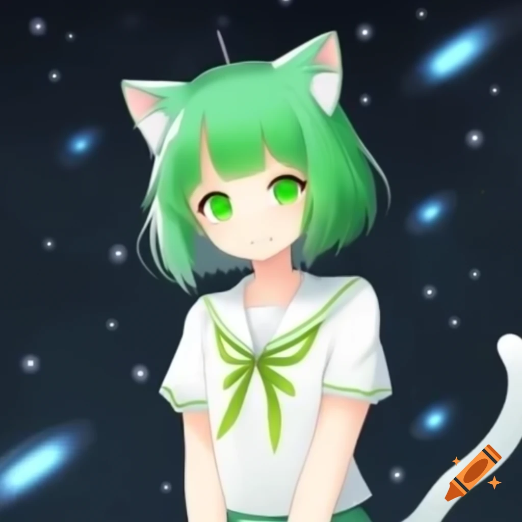 Anime cat girl with alien antenna and cat ears in space background