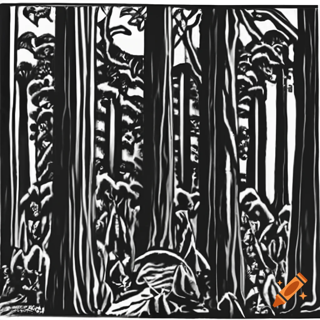 Woodcut style depiction of trees in a forest
