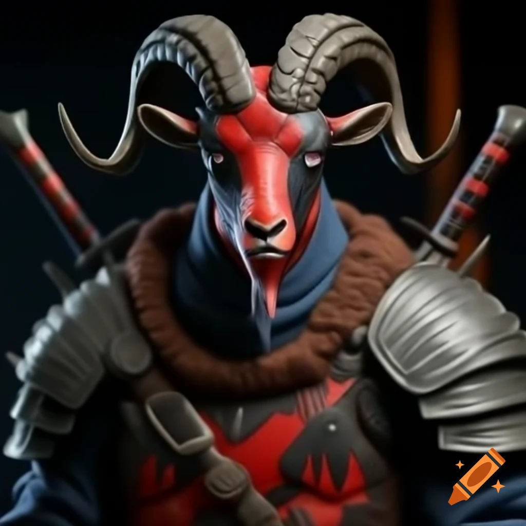 Ultra realistic anthropomorphic goat in armor with Deadpool colors in Dark Souls setting