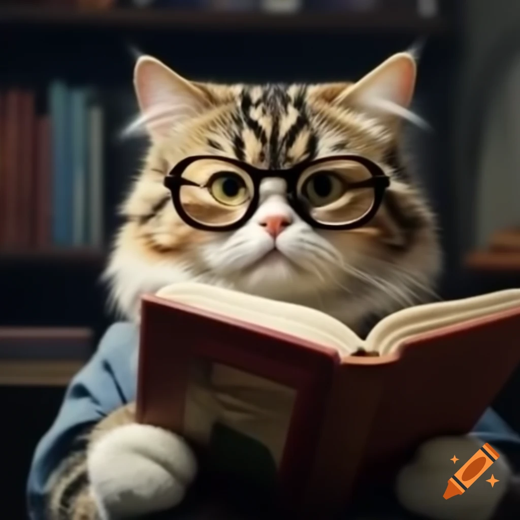 Tabby and white cat wearing glasses holding a book