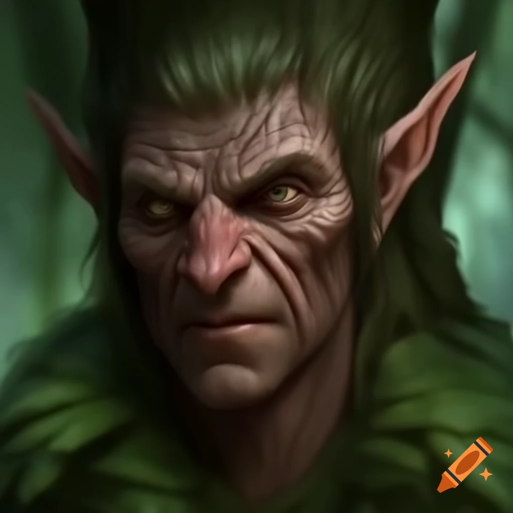Person with elf ears, tree bark skin texture, and leaf hair