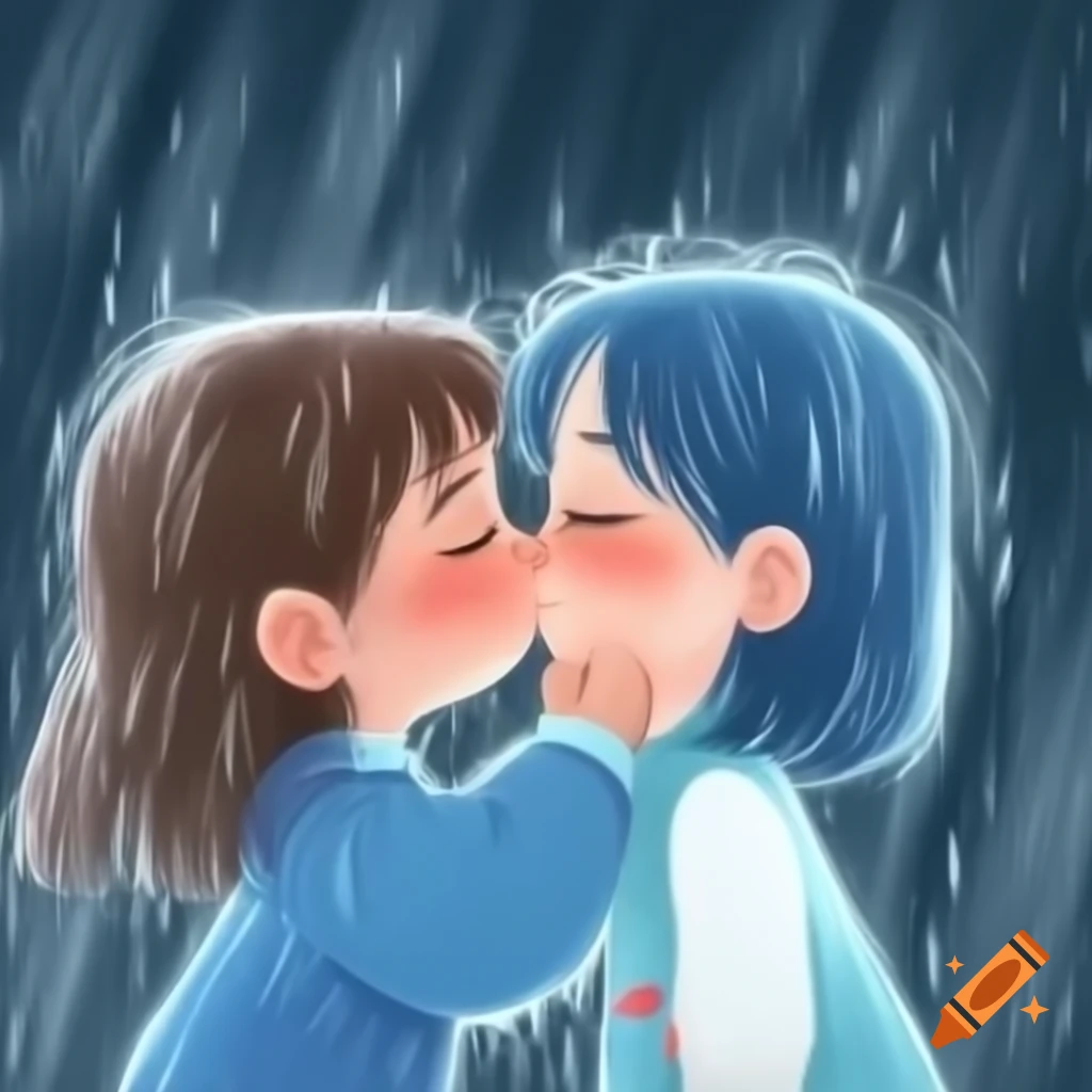 Romantic scene of two girls kissing in the rain, one with blue hair