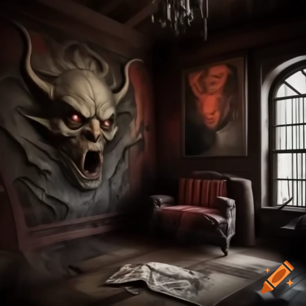 Realistic scary house interior with large room featuring demonic drawings on walls