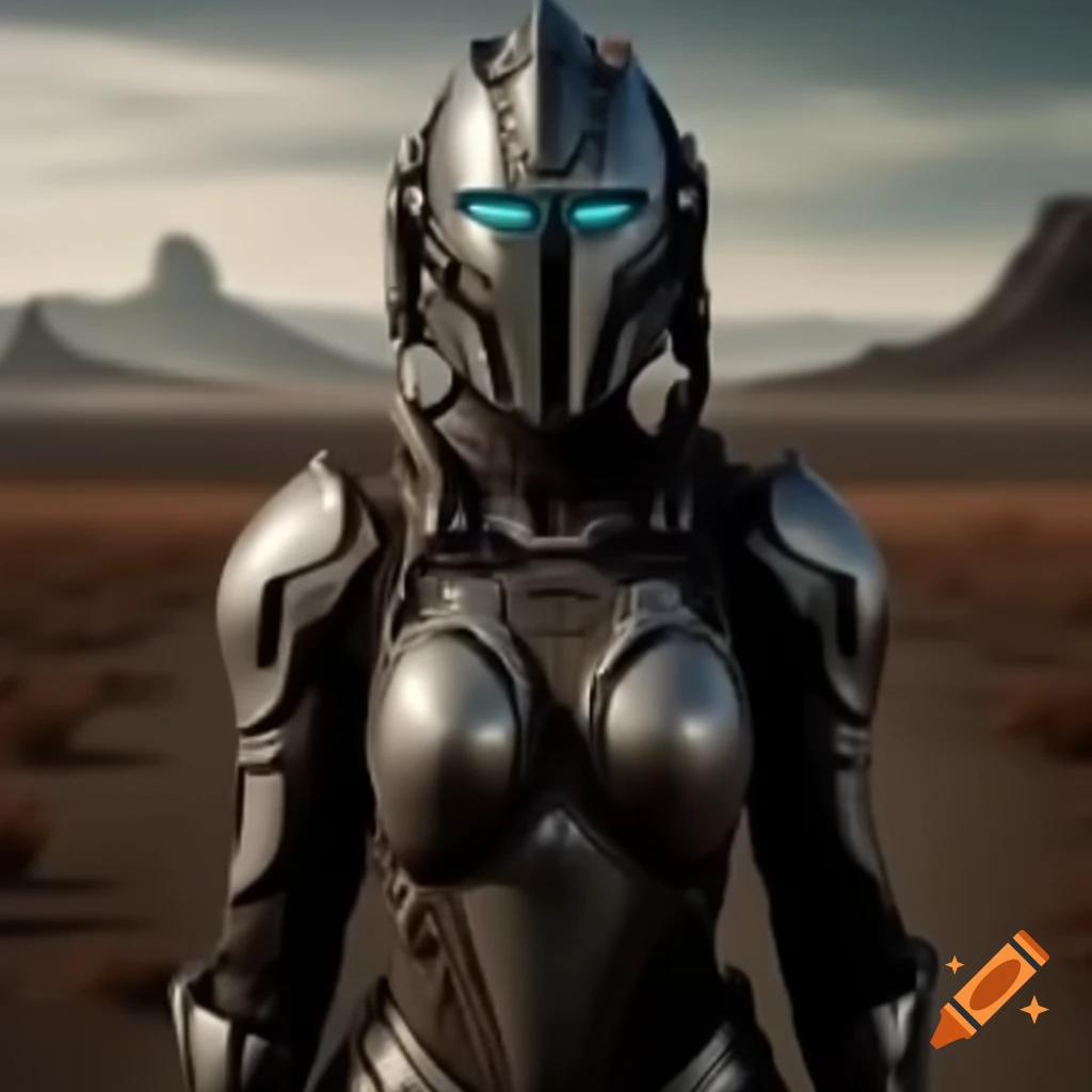 Futuristic knight standing in a desolate wasteland