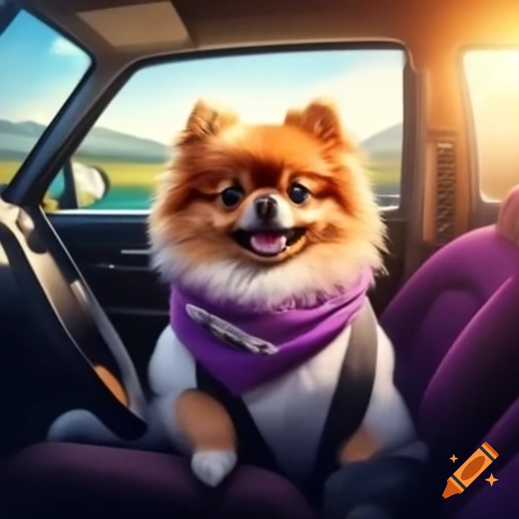 Pomeranian in a scarf driving purple car under sunlight