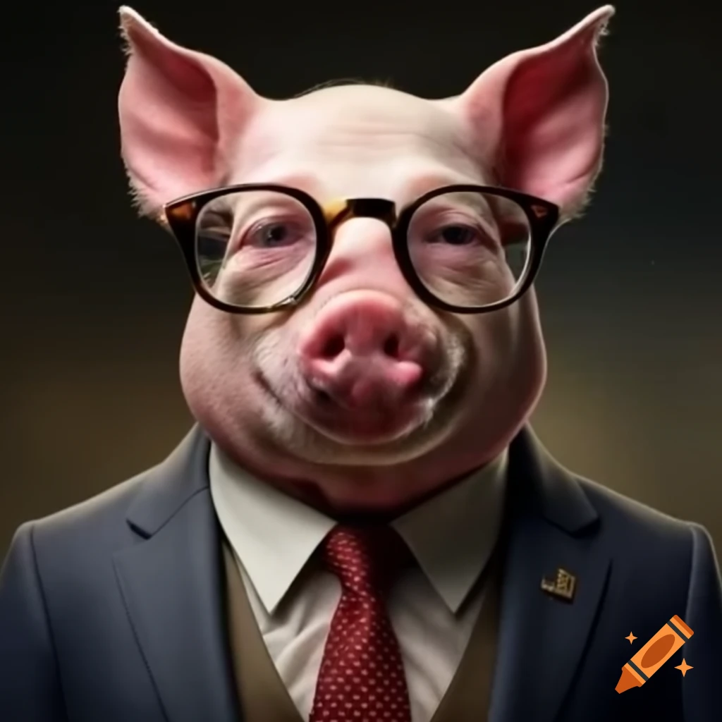 Pig wearing glasses and a suit, humorous depiction
