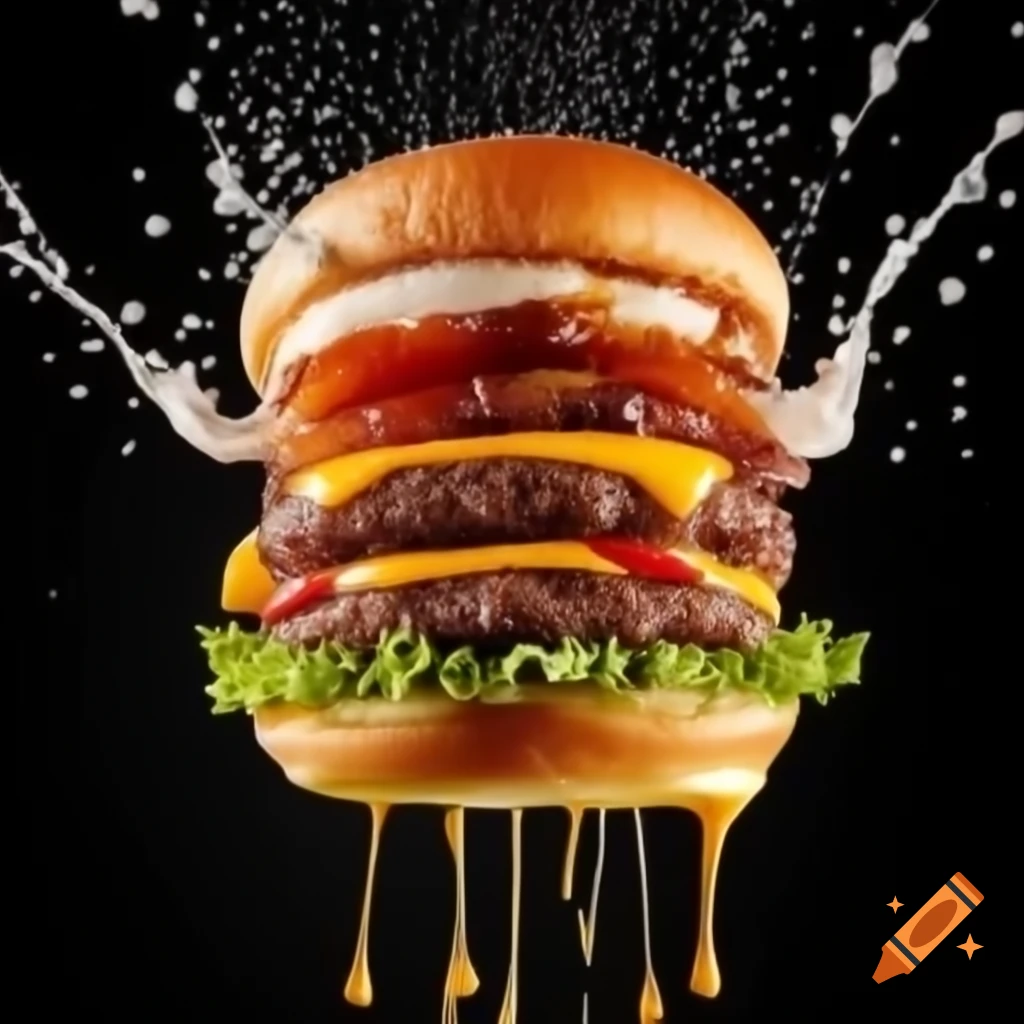 Floating burger with layers of bacon, cheddar cheese, and grilled mushrooms