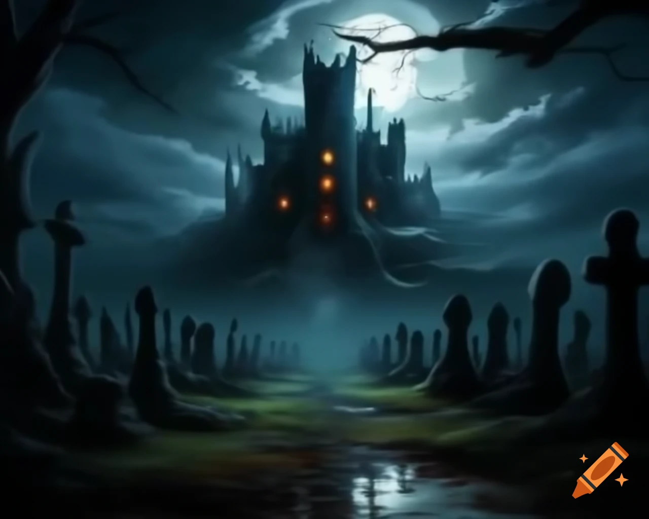 Ancient castle illuminated by moonlight overlooking creepy cemetery