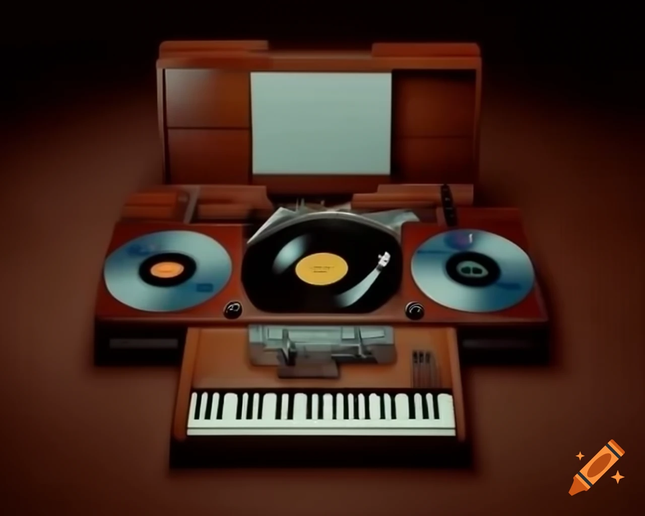 Analog music station in 70s style with wooden case, vinyl, keyboard, and volume knobs