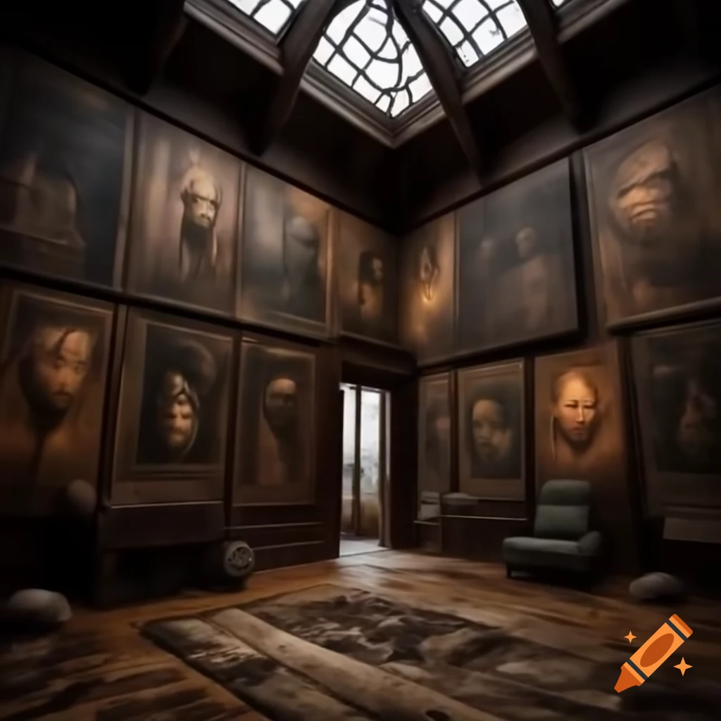 Realistic depiction of a large room in a scary house with demonic drawings on the walls