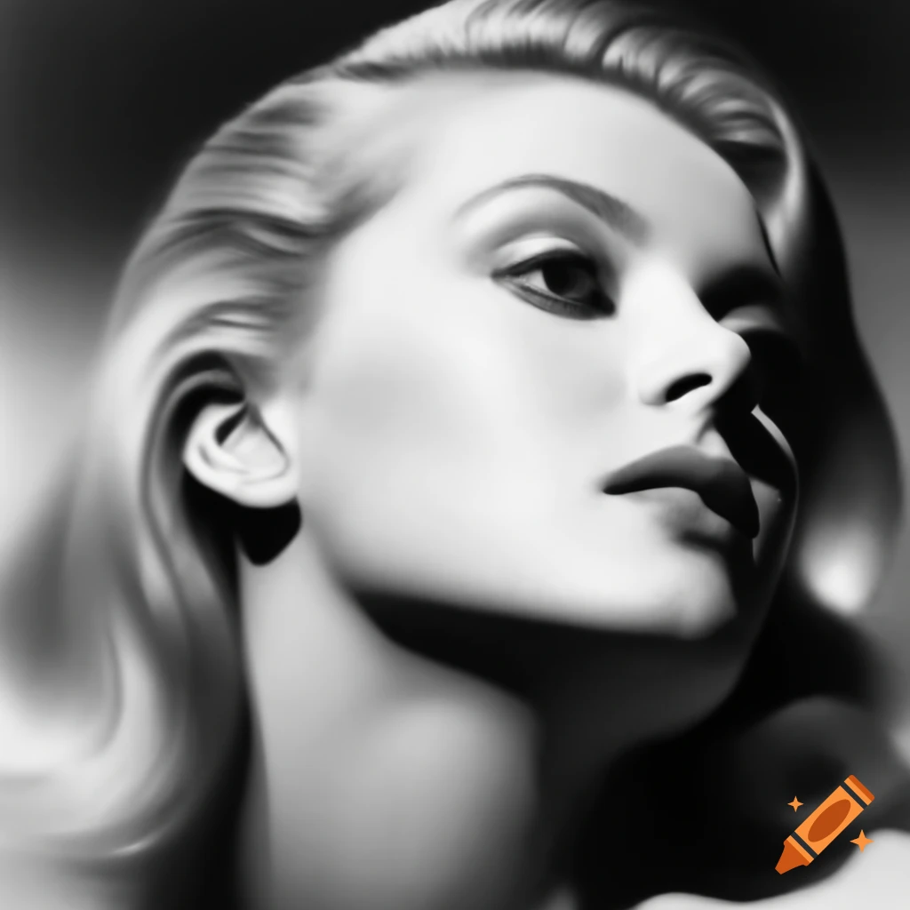Hyper-realistic black and white photo of a charming European actress from 1963