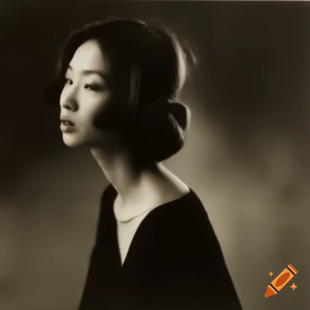 Hyper-realistic portrait of a beautiful Asian woman from the 1980s with shoulder-length wavy hair