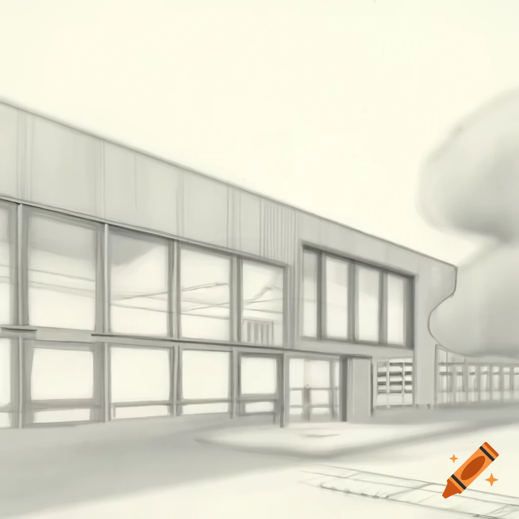 Pencil drawing of a peaceful school with large windows and surrounding trees
