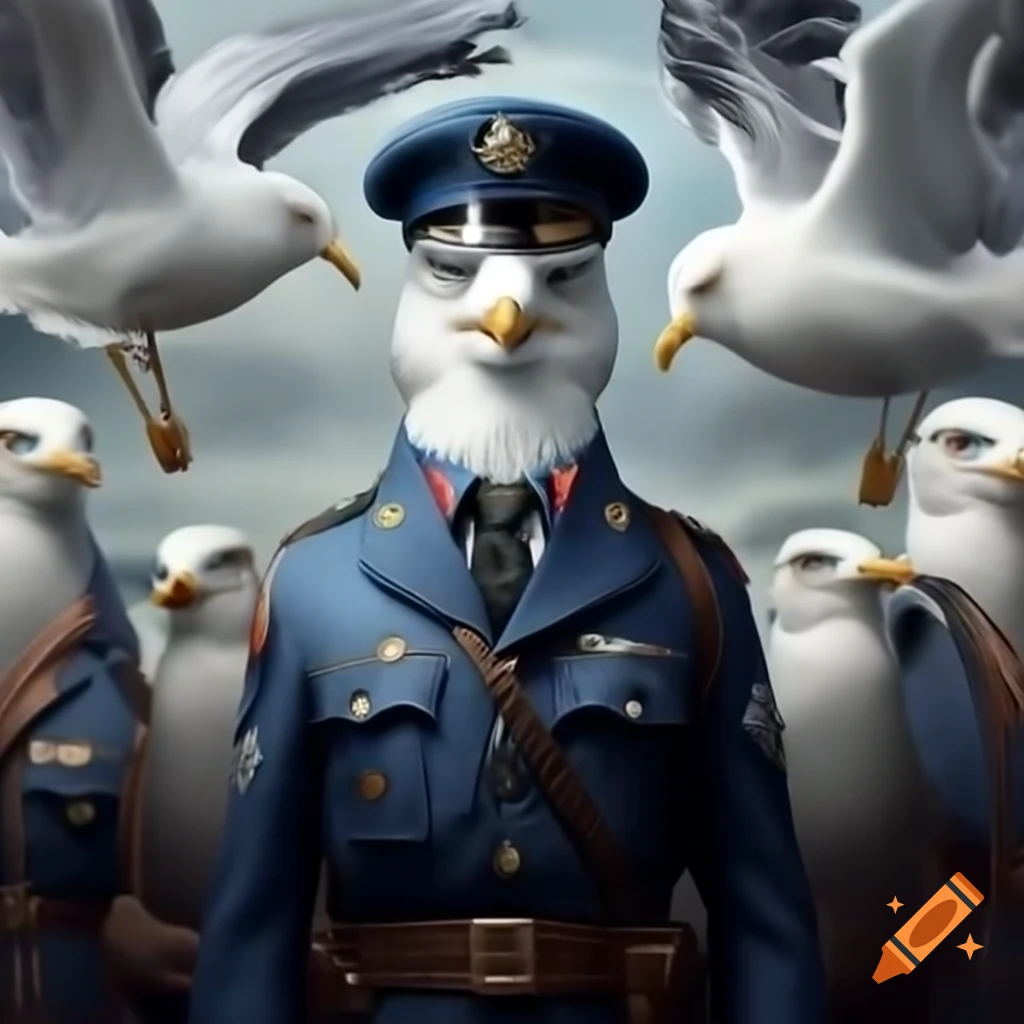 Seagulls in military uniform, whimsical and humorous scene