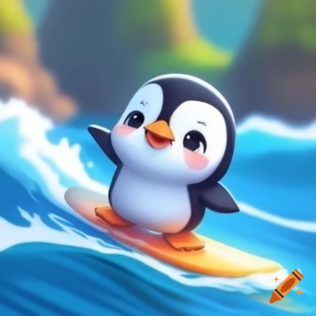 Cute chibi penguin surfing