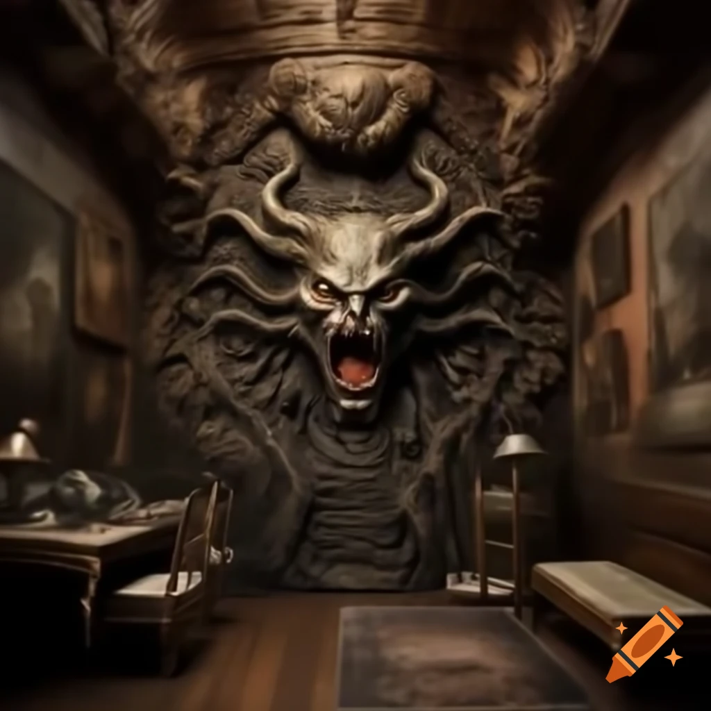 Realistic scary house interior with large room featuring demonic drawings on walls
