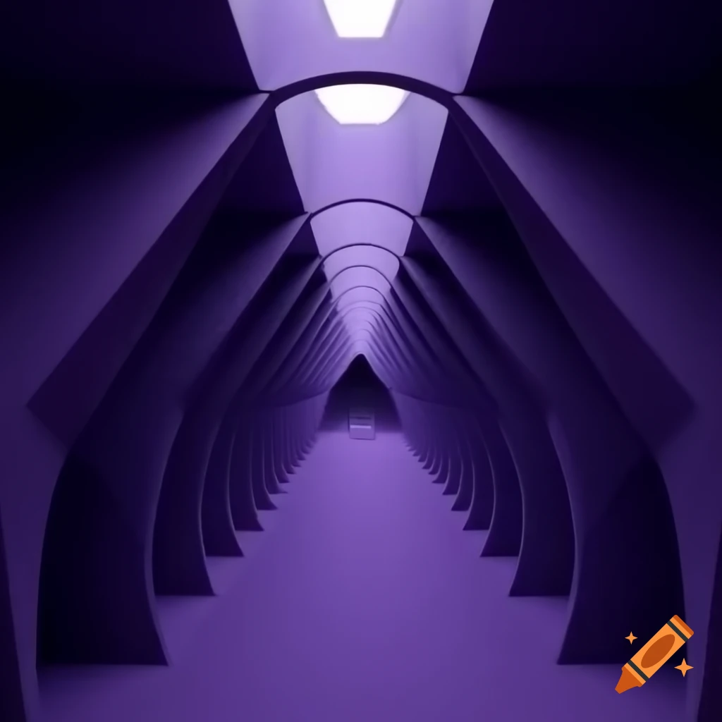 Violet hallways with sloped ceilings in a liminal space, dark atmosphere