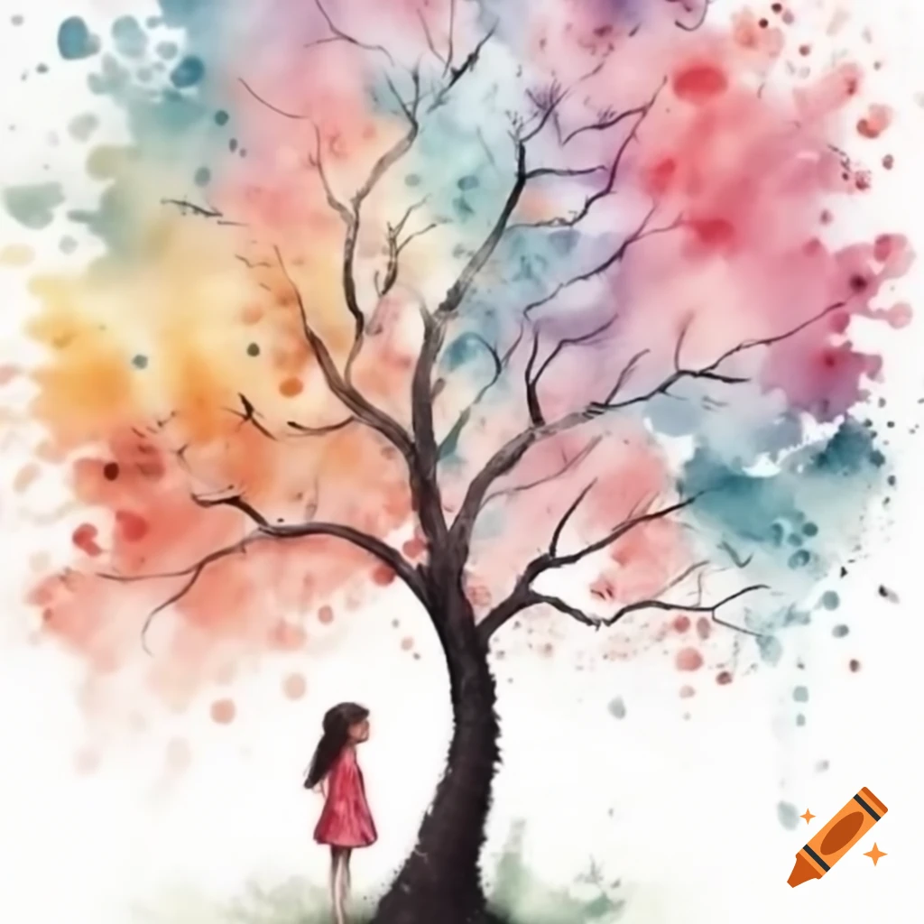 Watercolor art combining a tree and a girl