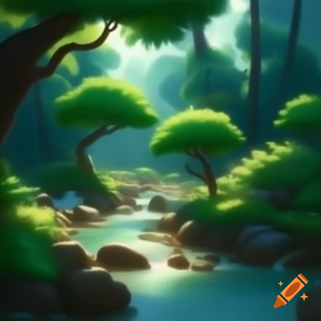 Peaceful garden with lush trees and flowing rivers