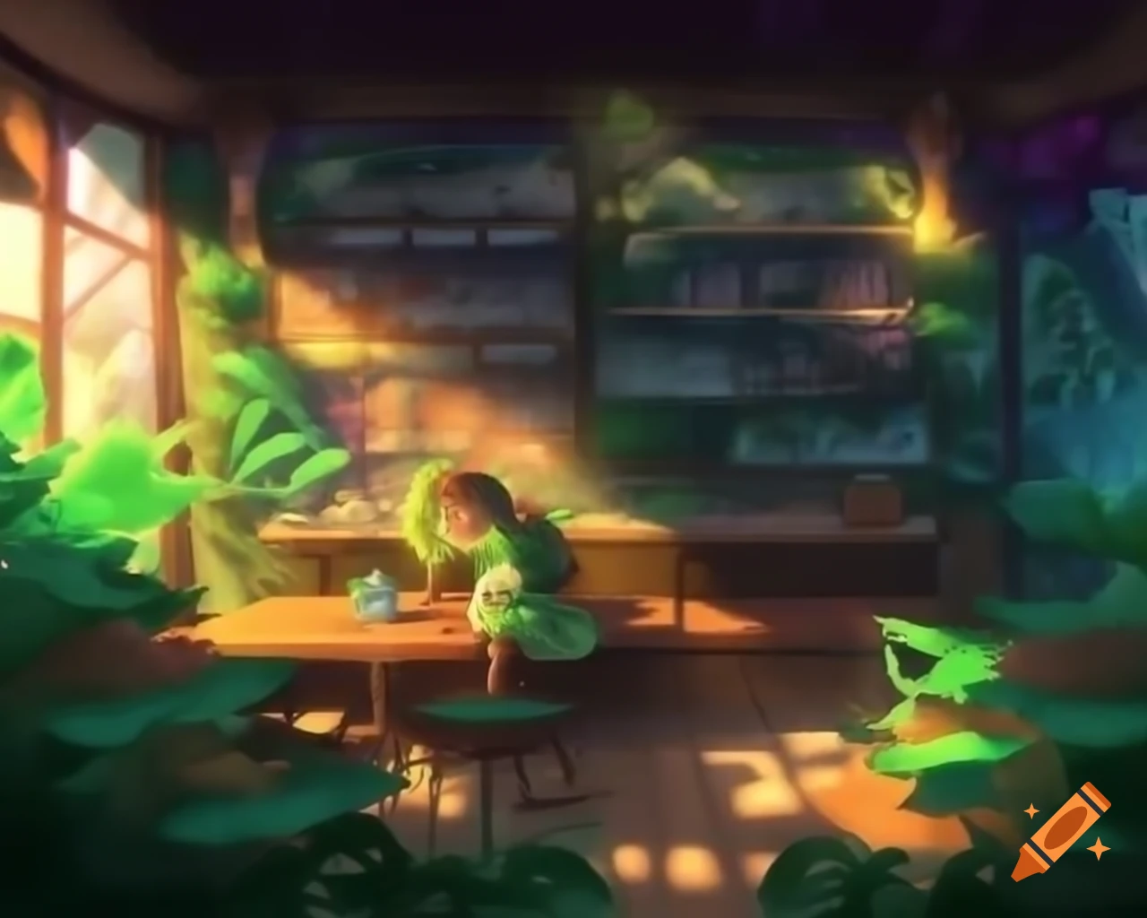 Magical wizard's leafy cafe with dramatic anime lighting and mystical plants