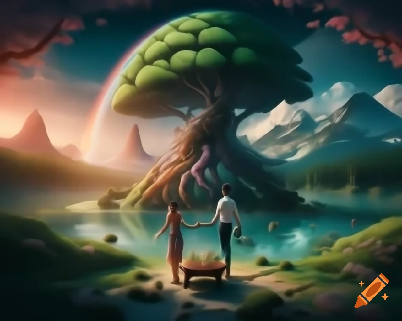 Surreal realm with porcelain fairy goddess in enchanted forest