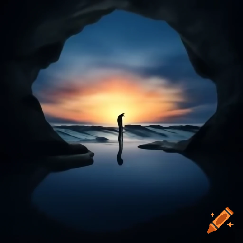 Person standing on cliff edge gazing at peaceful sunset with forked path
