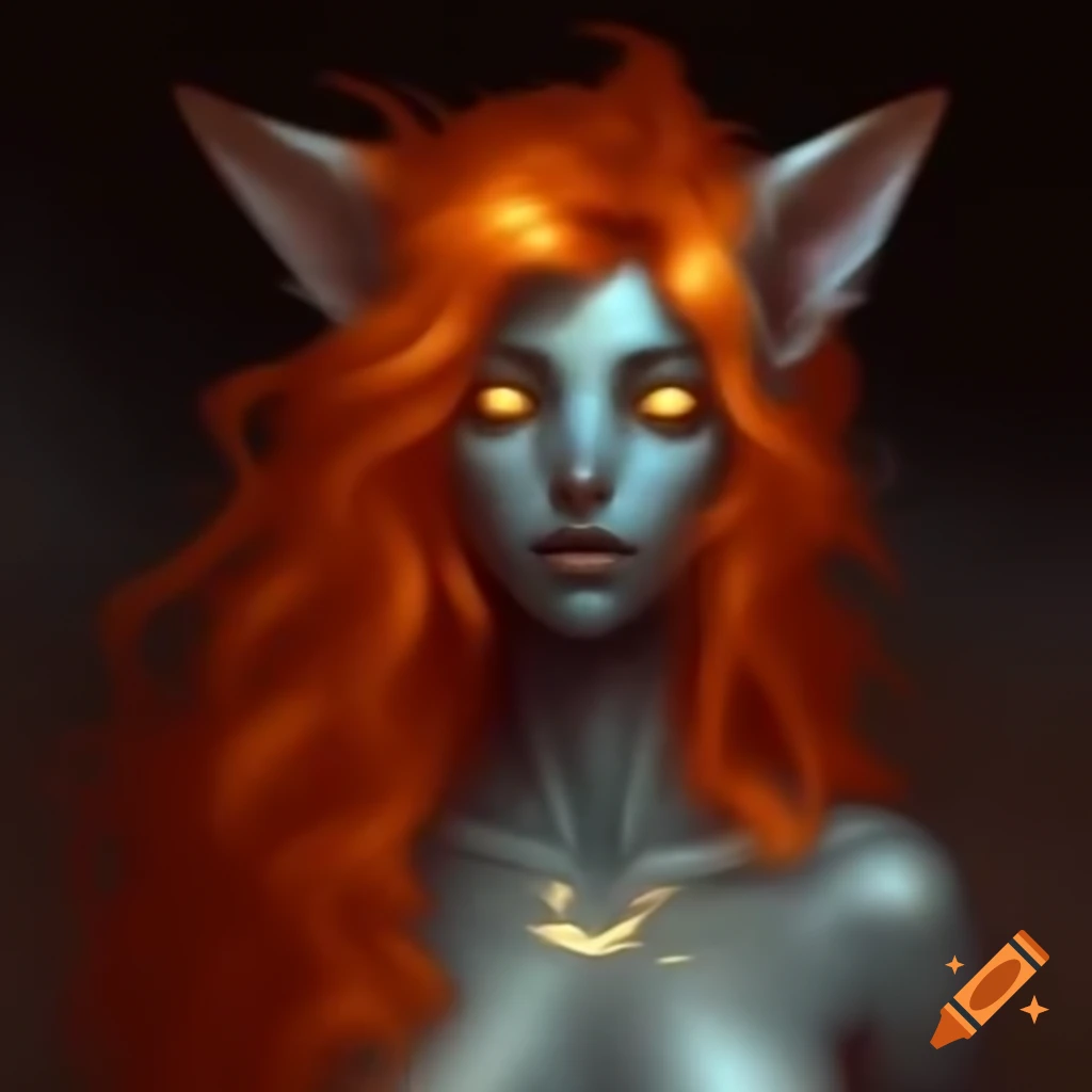 Fair-skinned woman with red-orange hair and white-flame fox ears, glowing energy from her eyes