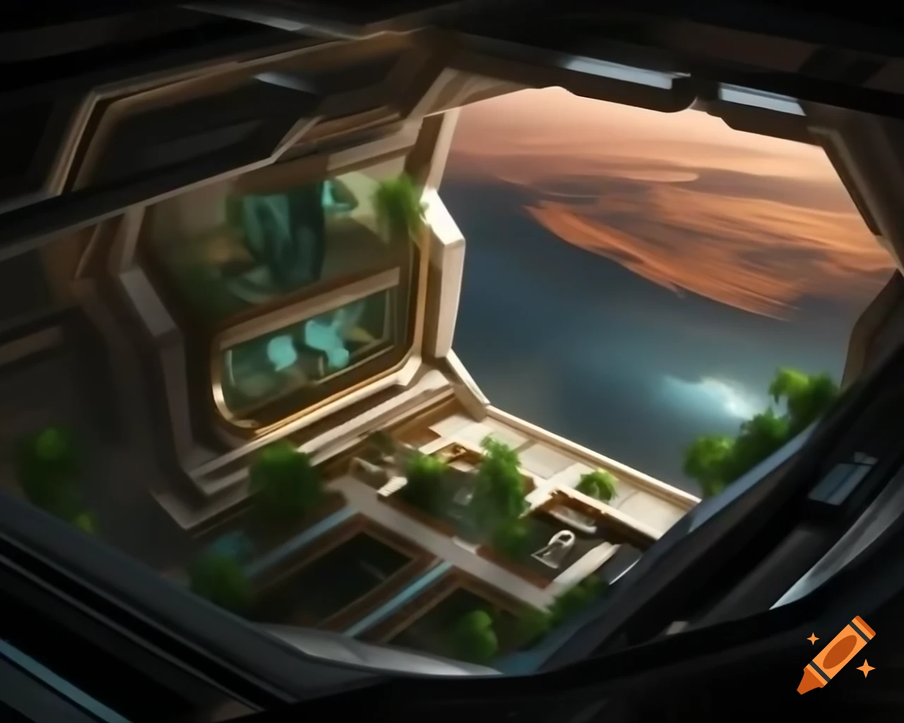 Interior view of futuristic building overlooking terraformed Mars city with lush ecosystem