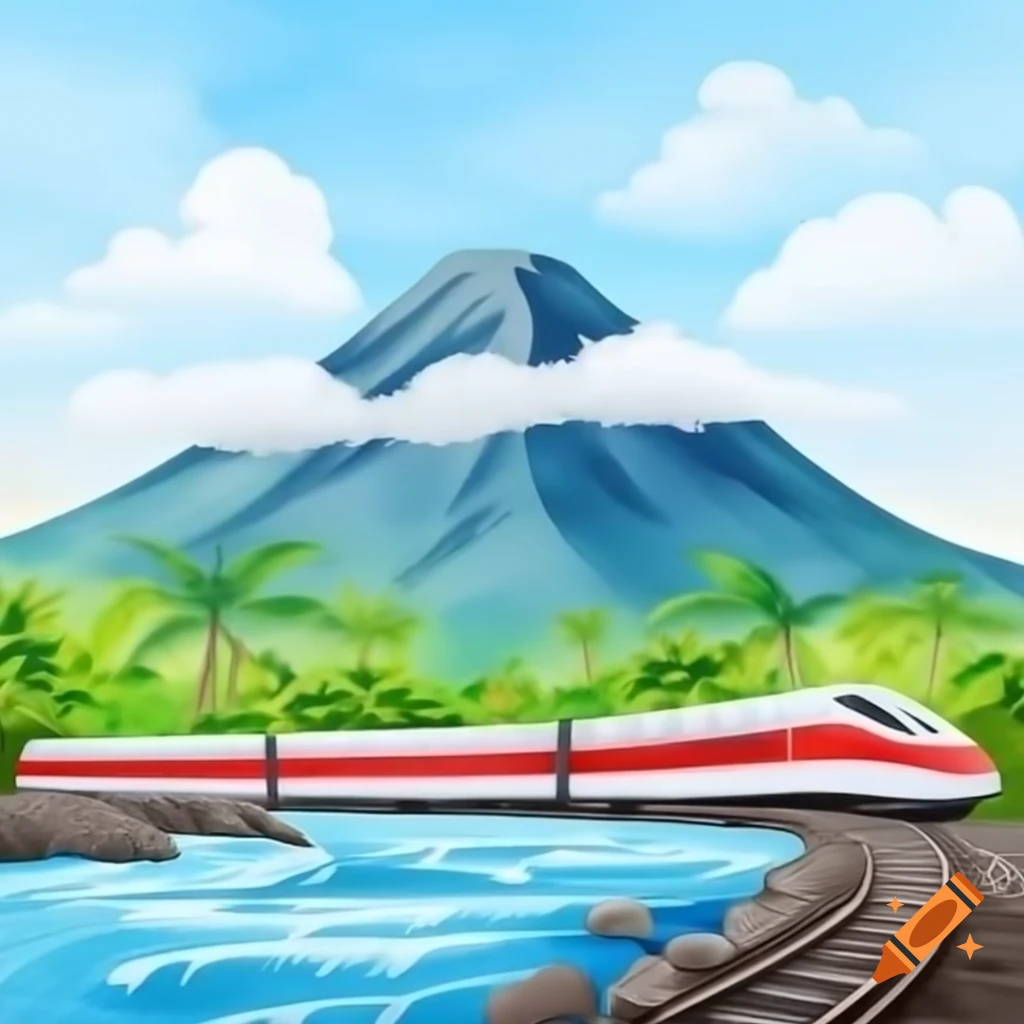 Two mountains with flowing water and a speed train showcasing Balinese culture