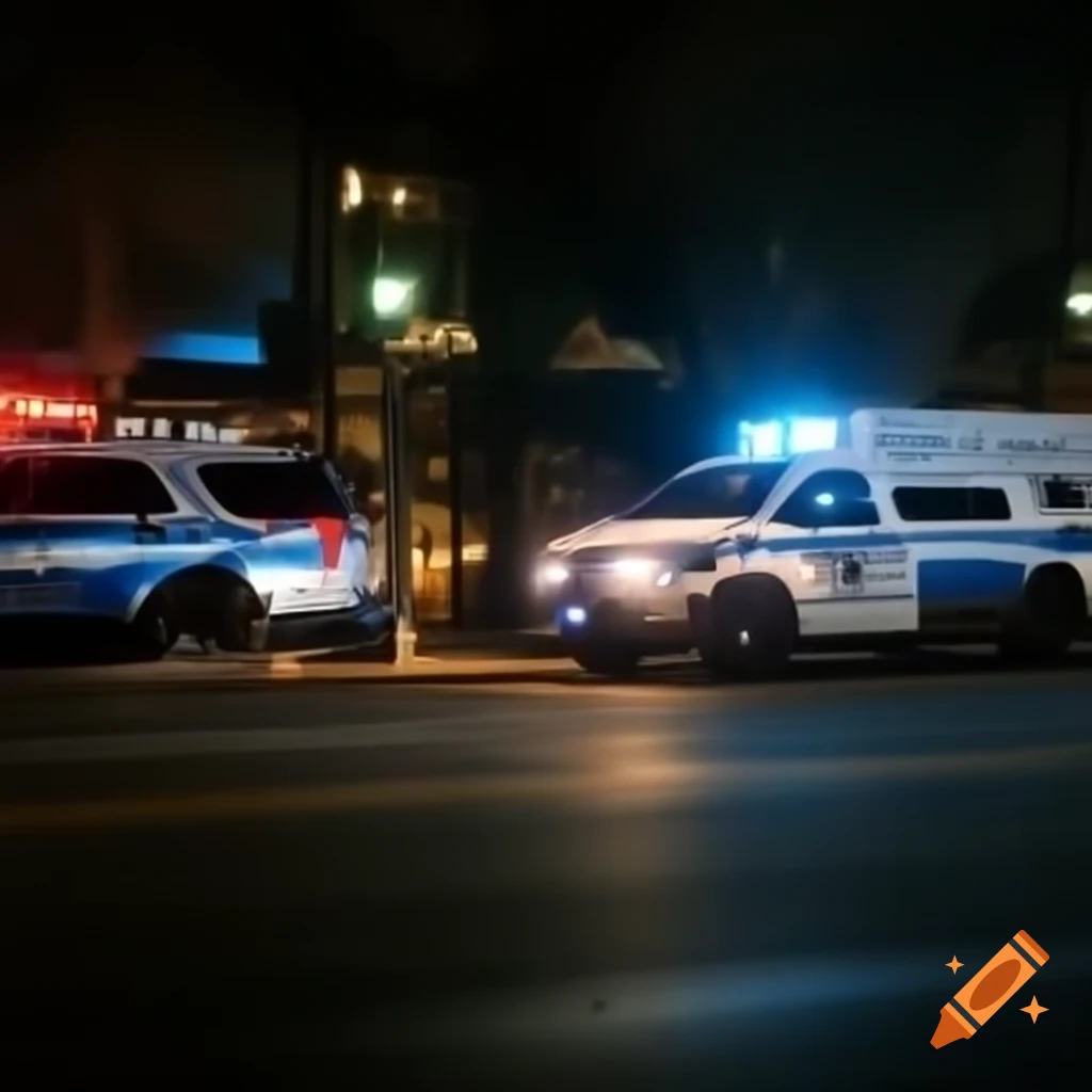 Police van and patrol cars on Los Angeles street with lights flashing