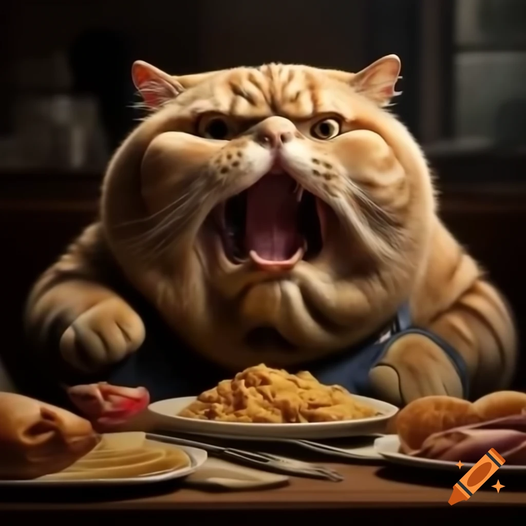 Big fat cat gazing at pile of food with mouth open