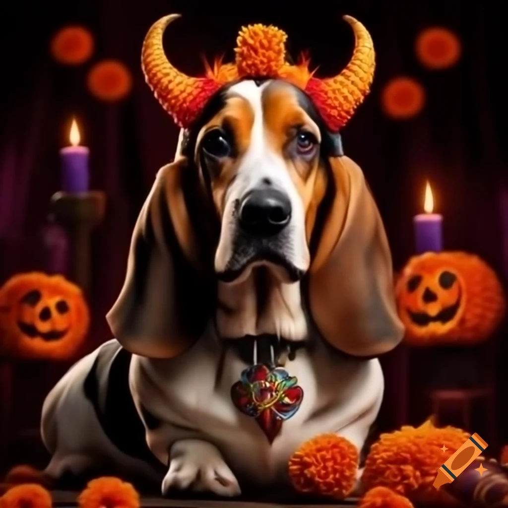 Basset Hound dressed as devil for Halloween in red costume with horns and cape