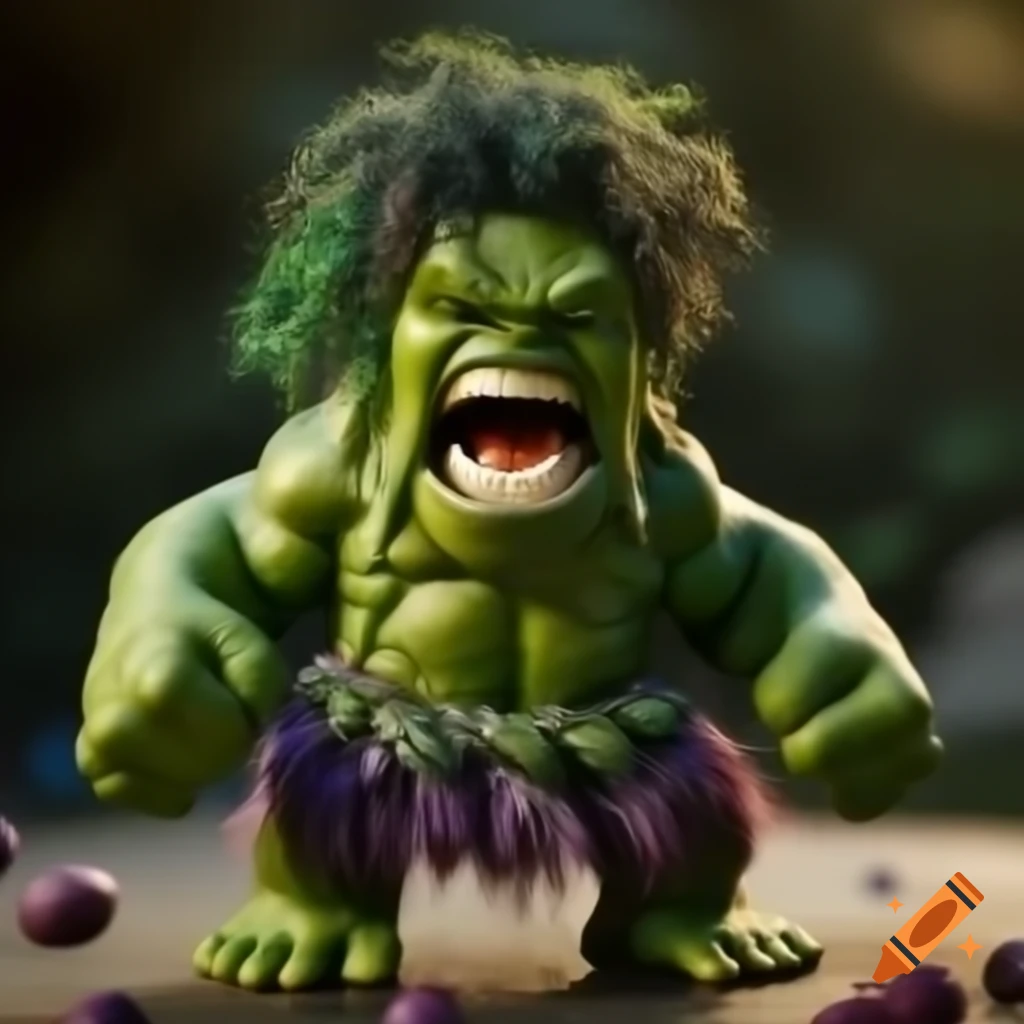 Mr. Bean with Hulk's body dancing the Hula Hula, humorous illustration