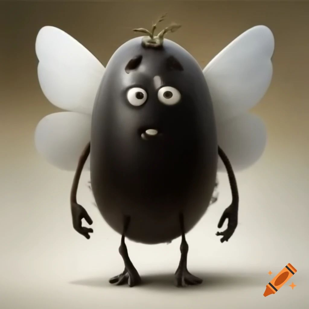 Fictional giant black peanut character with wings, arms, eyes, and legs