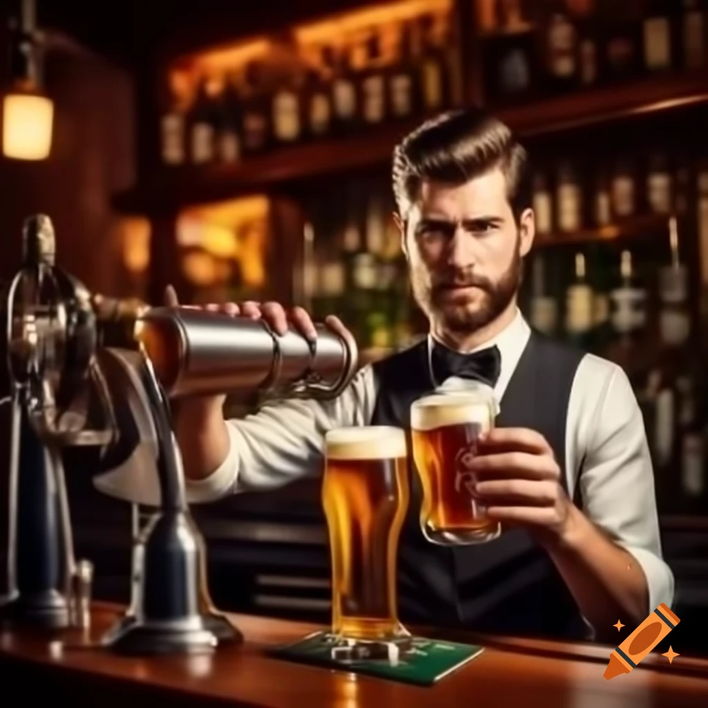 Vintage bartender serving beer