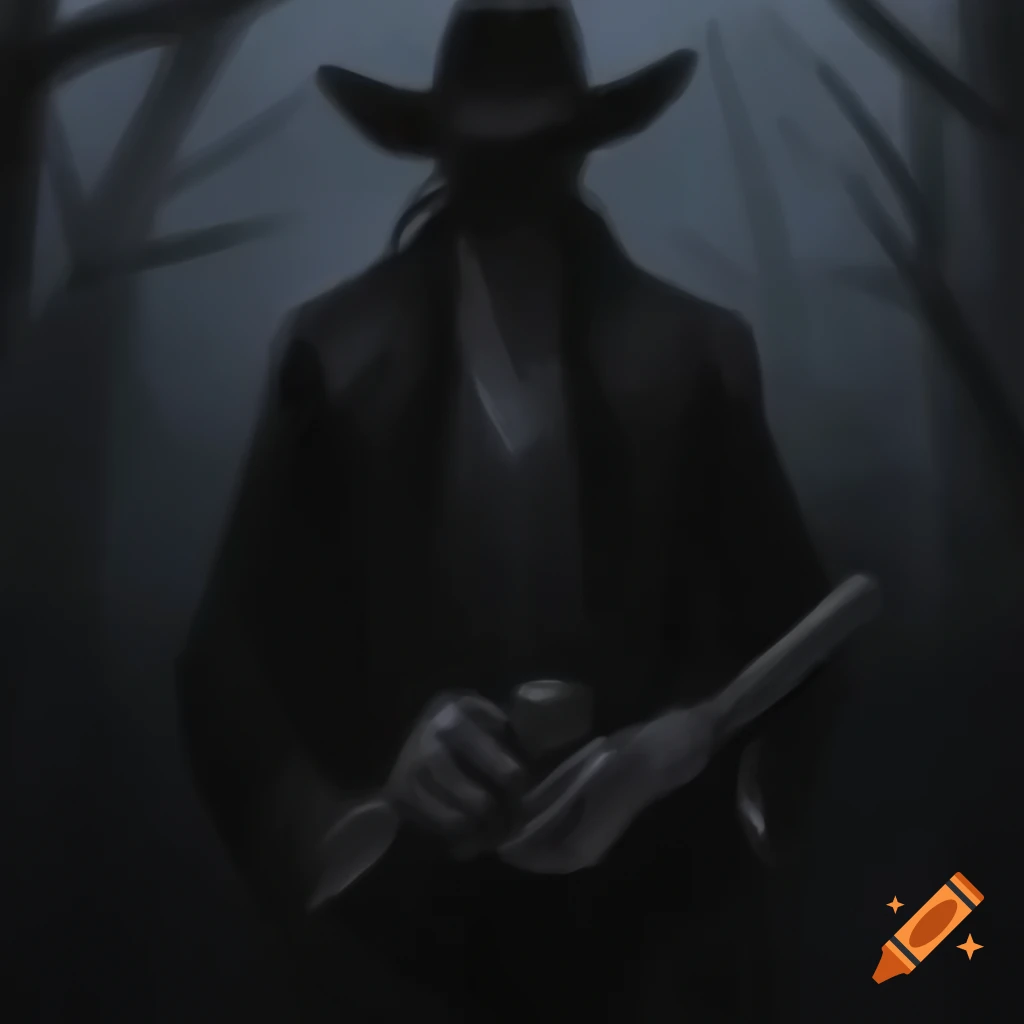 Dark fantasy drawing of cowboy in black holding two pistols in dark forest