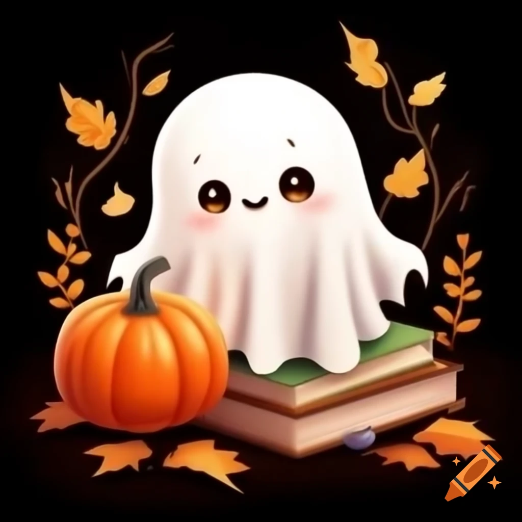 Cute Cartoon Ghost With Pumpkin And Coffee For Halloween Theme On Craiyon