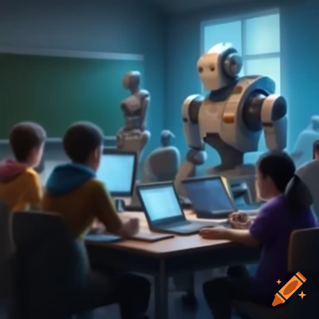 Classroom with students and technology teacher, robots in the background