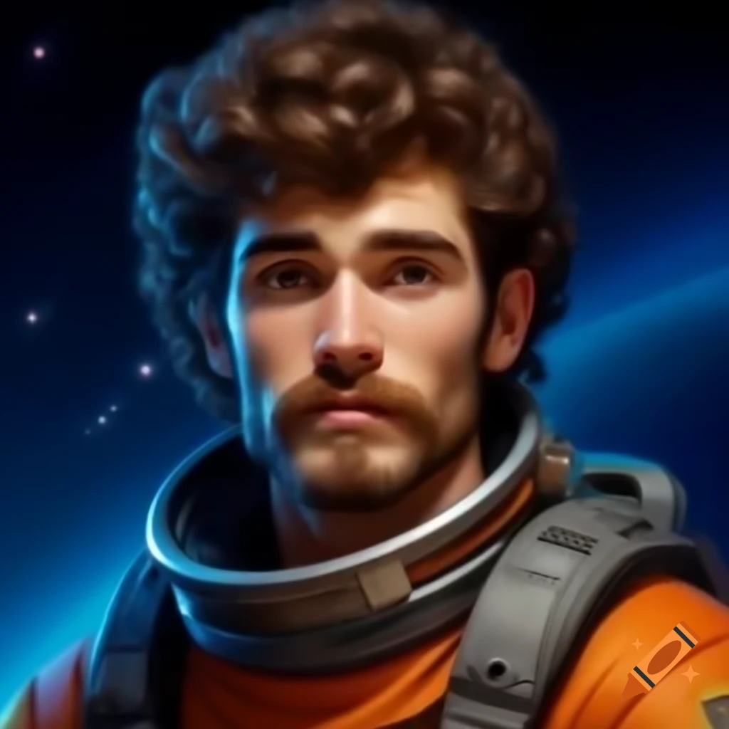 Young spaceman in metallic sci-fi outfit in starry void, ultrarealistic